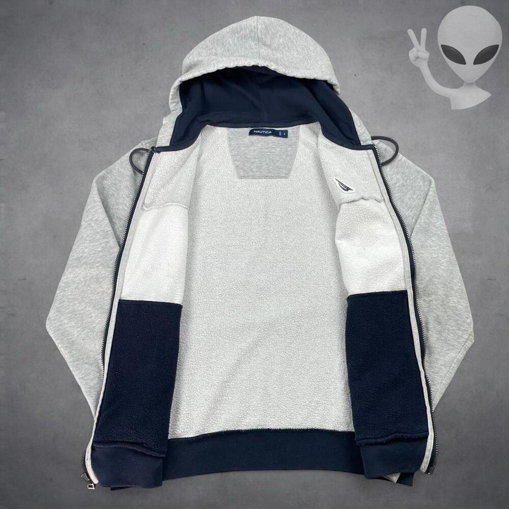 Nautica Men Small Gray White Navy Colorblock Full Zip Hoodie J Class Sailboat - Picture 3 of 7